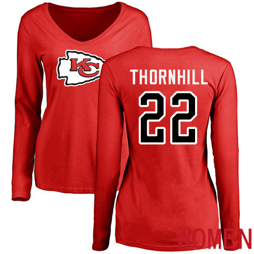 Women Football Kansas City Chiefs #22 Thornhill Juan Red Name and Number Logo Slim Fit Long Sleeve T-Shirt->women nfl jersey->Women Jersey